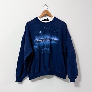 VTG 2000s Y2K Layered Crewneck Nighttime Farm Graphic Sweatshirt Grandma